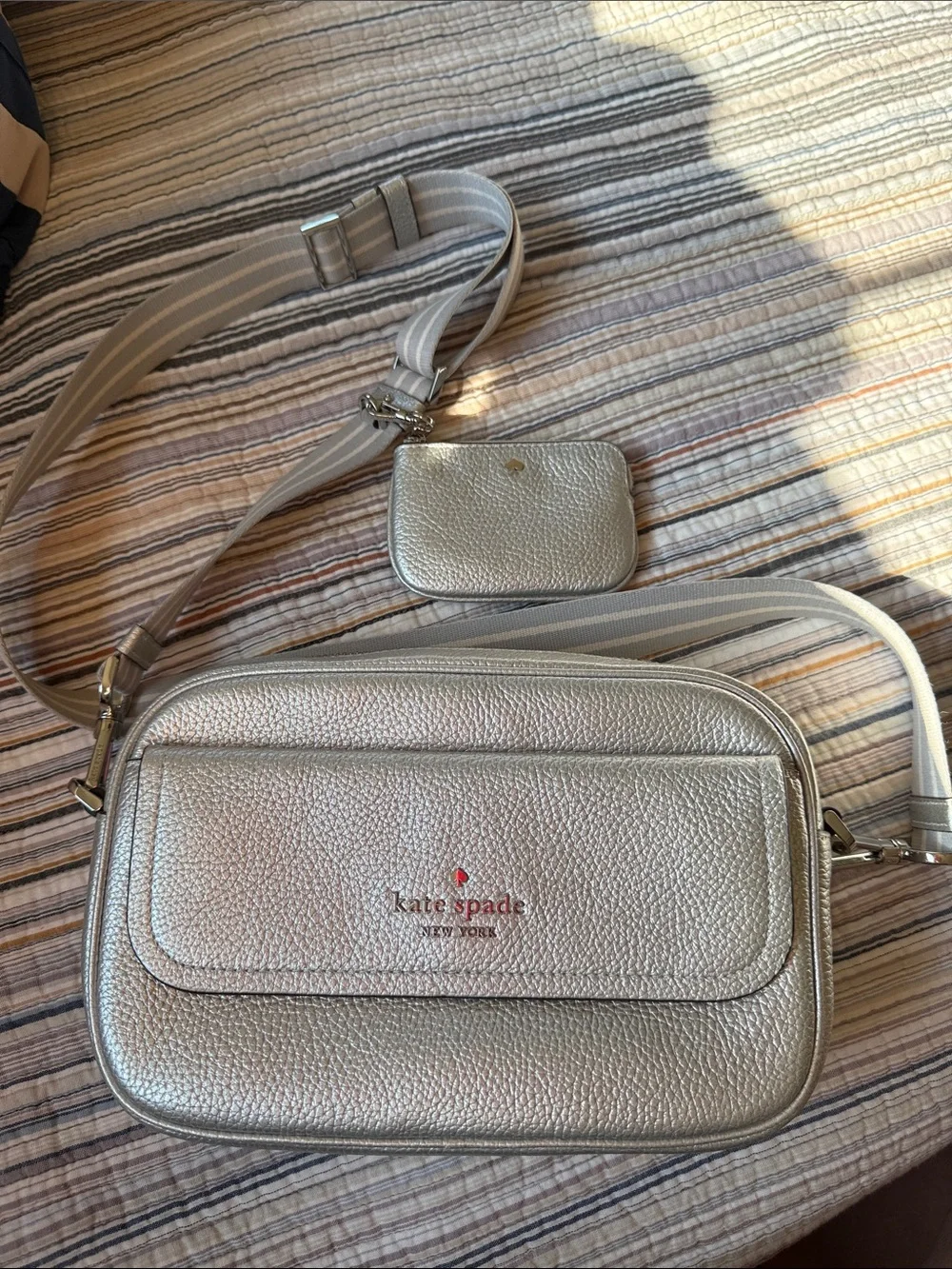 kate spade Metallic Silver Pebbled Leather Crossbody with Coin Pouch